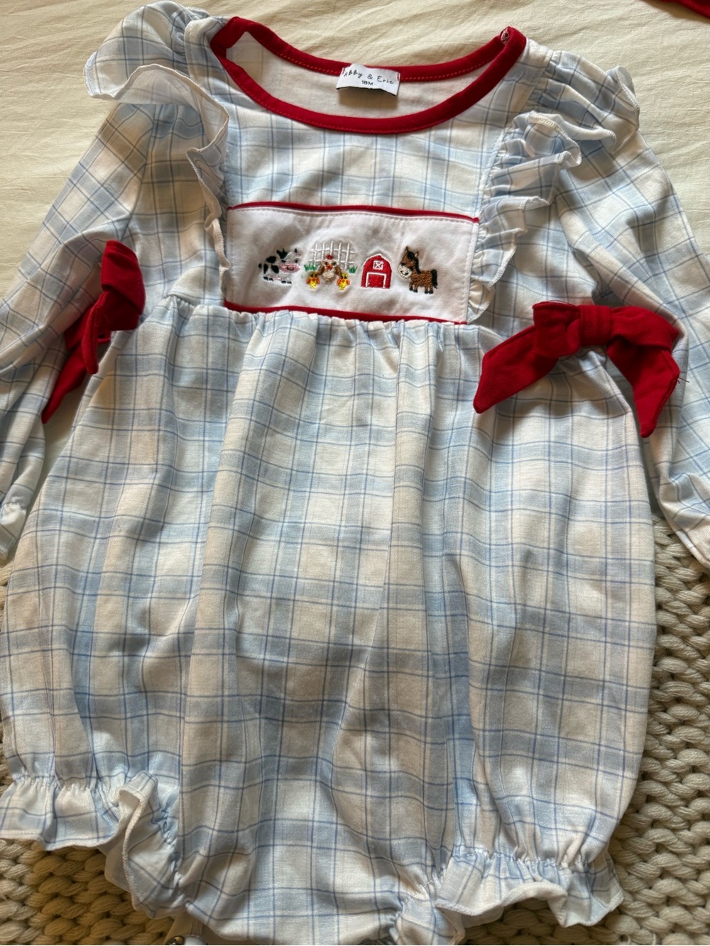 Abby and Evie Embroidered Farm Bubble with Red Accents Size 18m